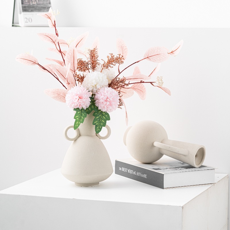 Simple plain color, double-eared flask ceramic vase, home light luxury soft decoration interior decoration ornaments