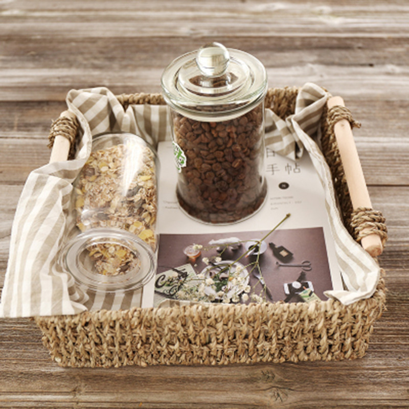 Japanese straw wood handle desktop storage basket storage box bathroom cosmetics seaweed storage snack basket